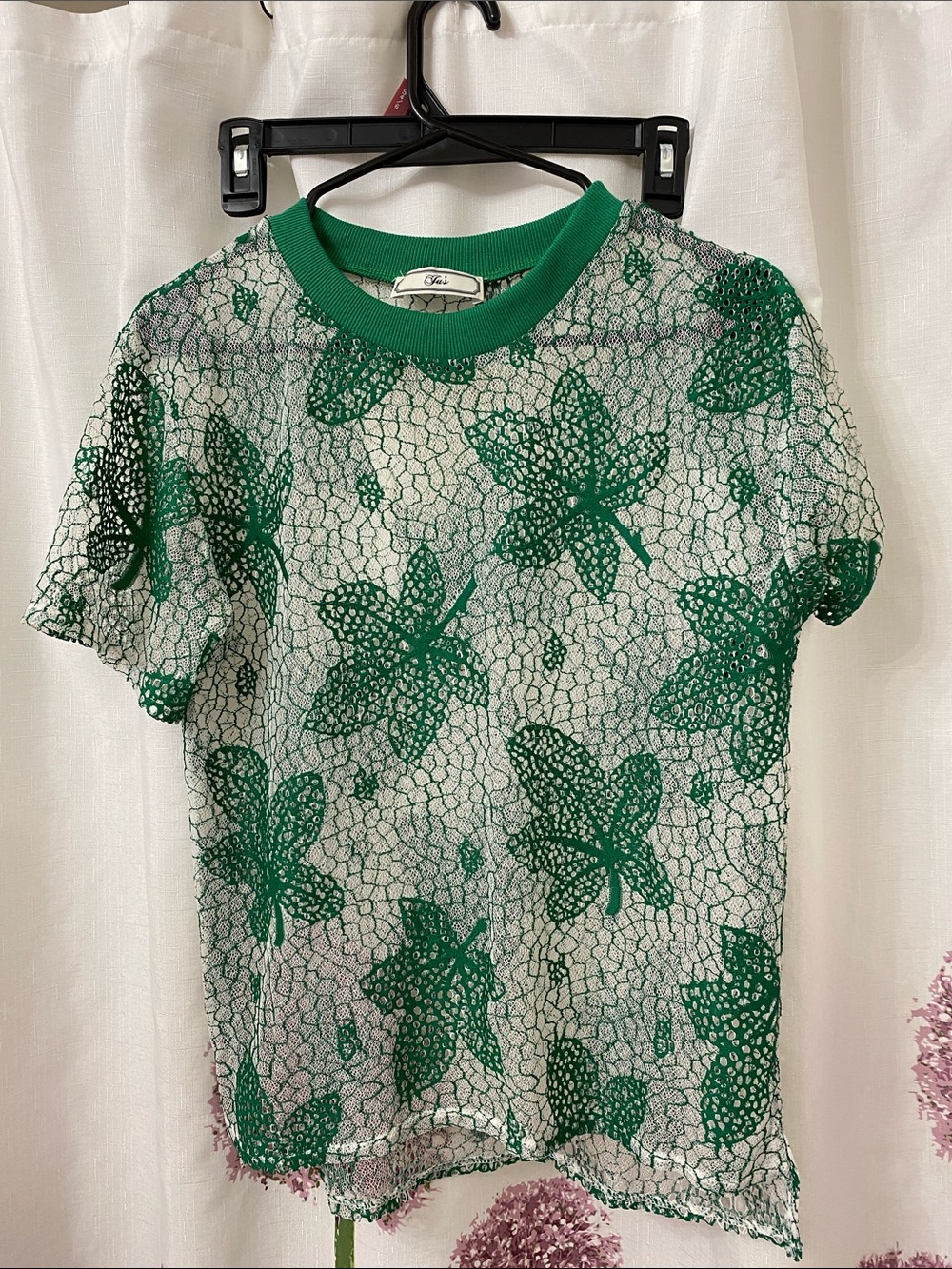 Green Lacey  Embroidered Overlay Sheer Short Sleeve Tee